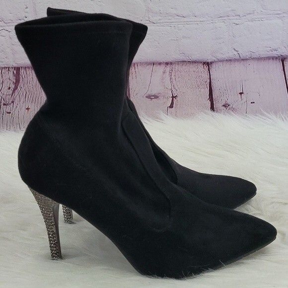 Nina Black Stretch Fabric "Diamond" studded Heel Booties. Size 8 - Picture 1 of 8